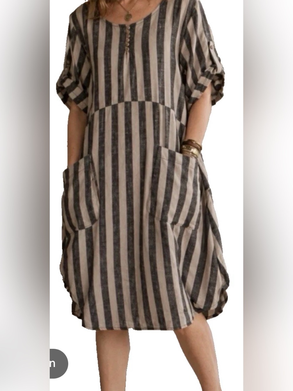 Striped Short-Sleeve Lagenlook Linen Blend Midi Dress - Black and Natural